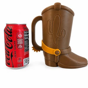May include: A brown cowboy boot-shaped mug with a handle, featuring a raised cactus design on the side and a yellow spur attached to the heel. A red 12 fluid ounce Coca-Cola Zero Sugar can is placed next to the mug for a size comparison.