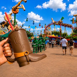 May include: A brown plastic boot-shaped cup with a molded cactus design on the side and an orange band detail. The cup features a handle, a red straw, and a yellow spur accent at the heel, held against a background of a theme park with rides.