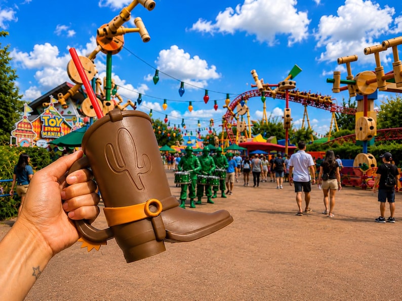 May include: A brown plastic boot-shaped cup with a molded cactus design on the side and an orange band detail. The cup features a handle, a red straw, and a yellow spur accent at the heel, held against a background of a theme park with rides.