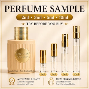 May include: A perfume sample set featuring a large cream-colored bottle with a gold cap and the text "Cream Velvet". The set includes four smaller clear glass spray bottles labeled 2ml, 3ml, 5ml, and 10ml. The text "Perfume Sample" is at the top.