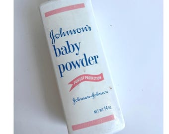 Talco para bebé Johnson's vintage, botella de plástico de 14 oz, Prop 3B-1453-D, blanco, azul, rosa.