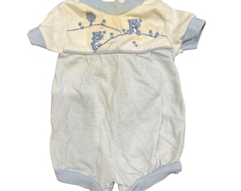 Pelele vintage para bebé Toddle Tyke, azul con oso bordado a rayas, hecho en EE. UU., para recién nacidos.