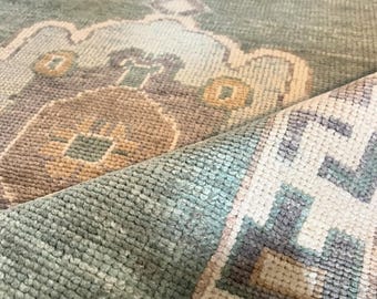 Handknuten dämpad löparmatta beigegrön 2x10 3x15 antik Ruug turkisk Oushak löparmatta handgjord ullmatta heminredningsmatta hallmatta