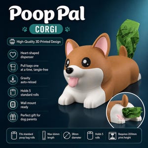 Wall Mounted Dog Poop Bag Dispenser, Splooting Corgi Design, 3D Printed PLA Plastic