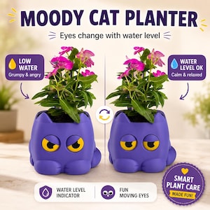 May include: A purple cat-shaped planter with moving yellow eyes that change expression based on water levels. The text reads MOODY CAT PLANTER, Eyes change with water level, LOW WATER Grumpy & angry, WATER LEVEL OK Calm & relaxed, WATER LEVEL INDICATOR, FUN MOVING EYES, and SMART PLANT CARE MADE FUN.