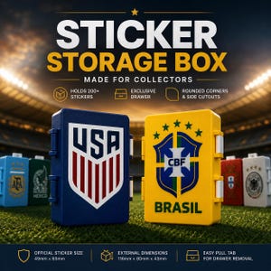 May include: A collection of sticker storage boxes, each featuring a different national team logo. The blue box displays the USA logo, while the yellow box showcases the Brasil logo. The boxes are designed for collectors, with rounded corners and side cutouts. Each box holds over 200 stickers and has external dimensions of 4.5 x 3.1 x 1.7 inches.