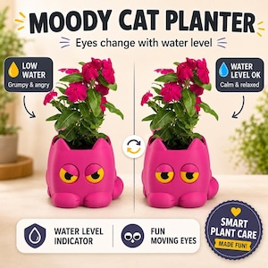 Maceta rosa con forma de gato, ojos móviles y sistema de autorriego con indicador de nivel de agua.