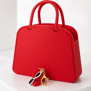 Puede incluir: Un bolso de mano rojo brillante con dos asas superiores y forma rectangular. Un charm con un zapato de tacón rojo y gafas de sol cuelga del bolso. El charm está sujeto con un cierre dorado.