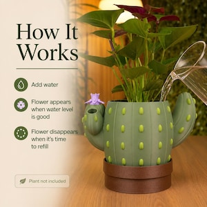 Könnte beinhalten: Ein grüner kaktusförmiger Pflanzentopf mit braunem Sockel und einer kleinen lila Blütenanzeige. Der Text lautet: How It Works, Add water, Flower appears when water level is good, Flower disappears when it's time to refill, Plant not included.