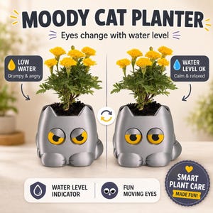 Funny Cat Planter with Moving Eyes, Interactive Self-Watering Design