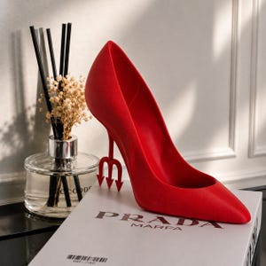 Könnte beinhalten: Ein leuchtend roter High Heel-Schuh mit einem dreizackförmigen Absatz. Der Schuh steht auf einer weißen Box mit dem Text "PRADA MARFA". Im Hintergrund befindet sich ein Glasdiffusor mit schwarzen Schilf und Trockenblumen.