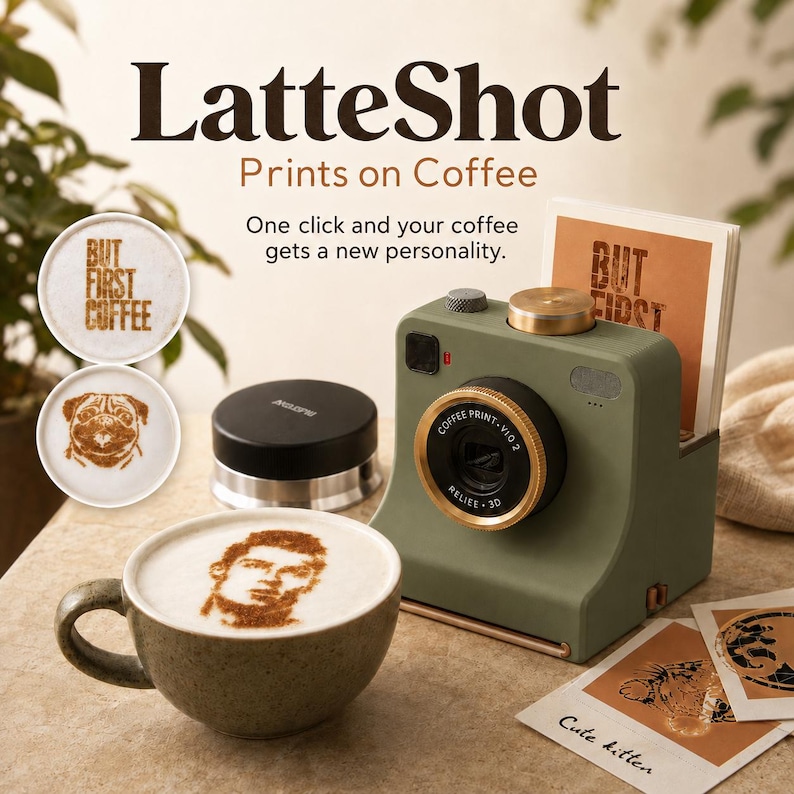 May include: A sage green coffee printer shaped like a vintage camera with a gold lens ring, a black circular cap, and a ceramic mug featuring a brown foam portrait. The device displays the text LatteShot, Prints on Coffee, and One click and your coffee gets a new personality, alongside printed cards showing a pug, a face, and a kitten.