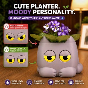 Maceta con forma de gato y ojos móviles, decoración de escritorio gris, maceta de interior con autorriego.