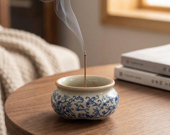 Ceramic Incense Bowl: Blue Floral Ash Catcher for Stick Incense, Zen Tea Ceremony Decor