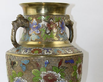 Urne florale en émail champlevé cloisonné en laiton japonais avec poignées de dragon Japon