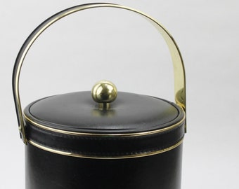 Georges Briard Ice Bucket Black Padded Brass Knob Gold Trim MCM