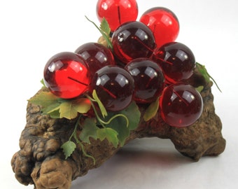 Vintage Lucite Acrylic Grape Cluster on Burlwood Sculpture Cherry Red MCM