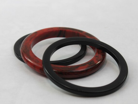 Bakelite Bangle Stack Set Red and Black Swirl Dom… - image 4