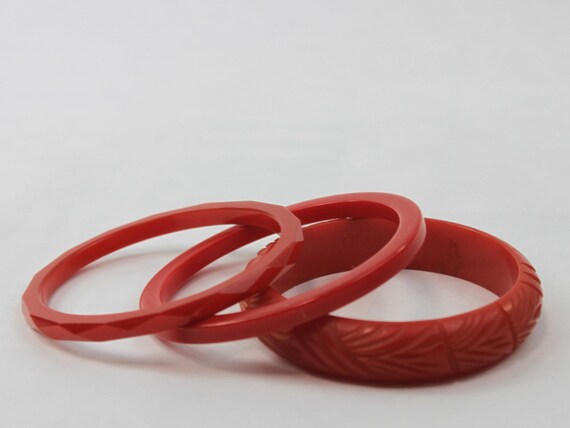 Bakelite Bangle Stack Set Red Flat Sided Carved a… - image 3