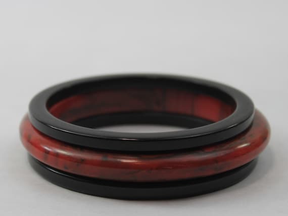 Bakelite Bangle Stack Set Red and Black Swirl Dom… - image 1