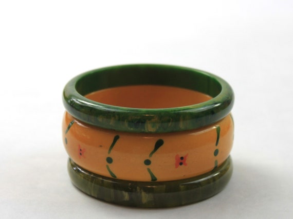 Bakelite Bangle Stack Set Butterscotch Painted Sp… - image 1