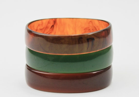 Bakelite Bangle Stack Set Oval Green Ice Tea Russ… - image 1