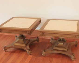 Vintage Italian Marble Oak and Brass Finial Occasional Pedestal Table Set