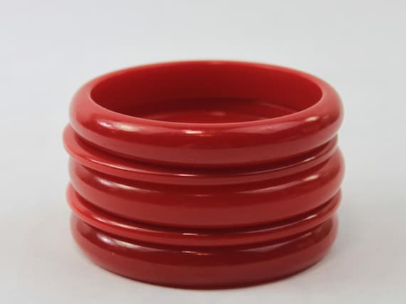 Bakelite Bangle Stack Set Cherry Red Domed - image 1