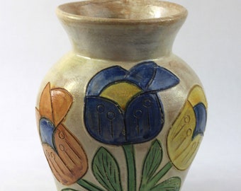 Vintage Dolores Porras Mexico Folk Art Terracotta Pottery Vase Flower Motif