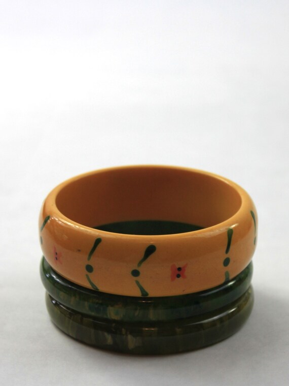Bakelite Bangle Stack Set Butterscotch Painted Sp… - image 2
