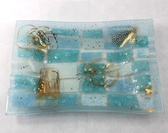 Higgins Fused Art Glass Ashtray Aqua White Checker and Gilt MCM