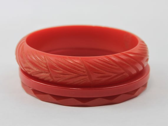 Bakelite Bangle Stack Set Red Flat Sided Carved a… - image 1