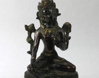 Antique Tibet Nepal Bronze Green Tara Bodhisattva Sculpture Statue