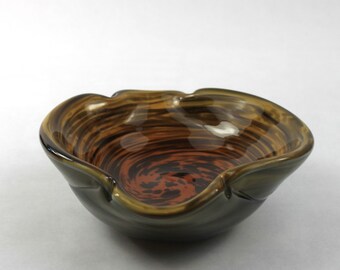 Murano Cased Art Glass Aventurine Bowl Gray White Brown Yellow Orange Swirl