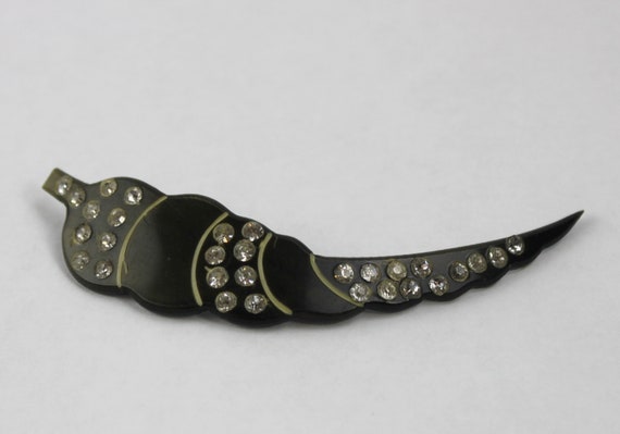 1940s celluloid pin carved black leaf rhinestones - image 2