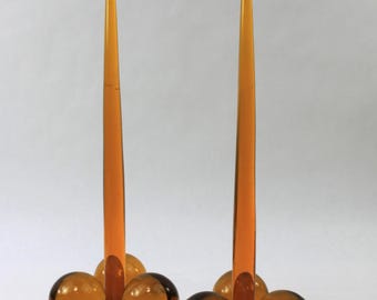MCM Lucite Acrylic Amber Grape Orb Ball Candle Holder with Candles Set