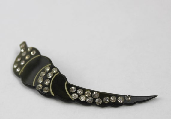 1940s celluloid pin carved black leaf rhinestones - image 3