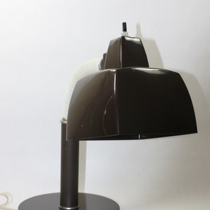 May include: A brown desk lamp with a flexible arm and a white plastic tube. The lamp has a round base and a rectangular shade.