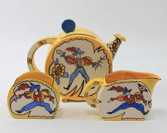 1934 Clarice Cliff Eva Crofts Krafton Teapot Cream & Sugar Set SUPER RARE