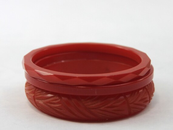 Bakelite Bangle Stack Set Red Flat Sided Carved a… - image 2