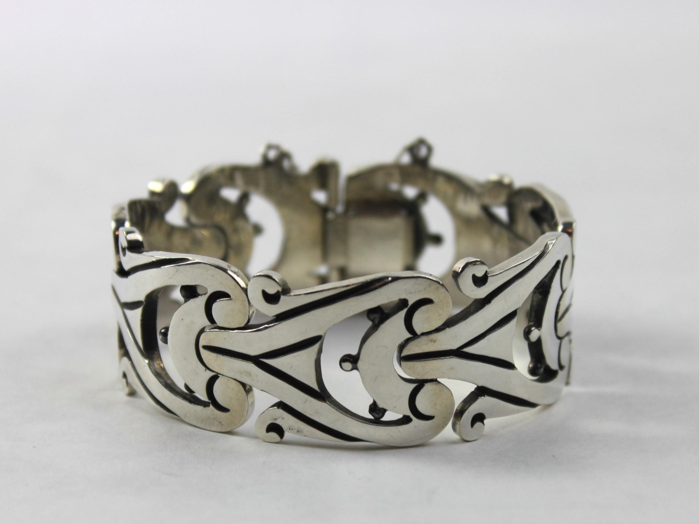 1960s Taxco Los Ballesteros Sterling Silver Bracelet Aztec Motif