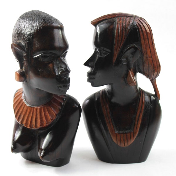 Hand Carved African Ebony Wood Man Women Figurine Bookend Set