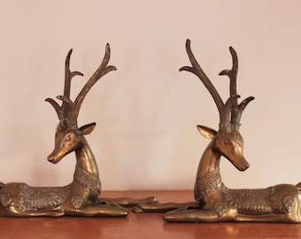1970s Sarreid Brass Resting Stag Deer Sculpture Set Hollywood Regency MCM