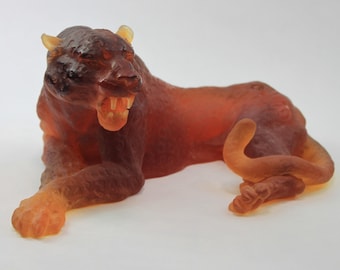 Daum France Pate de Verre Reclining Panther Crystal Sculpture Ltd Edition RARE