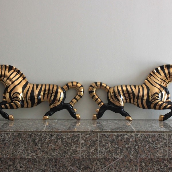 1950s Black and Gold Pottery Zebra Set MCM