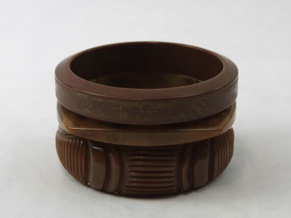 Bakelite Bangle Stack Set Brown Carved Mississipp… - image 3