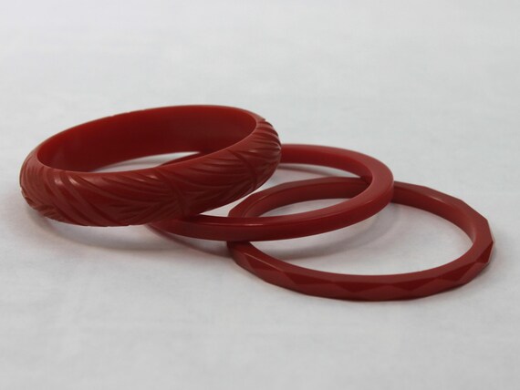 Bakelite Bangle Stack Set Red Flat Sided Carved a… - image 4