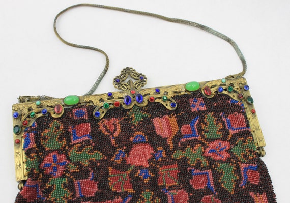 1900s Micro Beaded Handbag Carpet Motif Brass Repouss… - Gem
