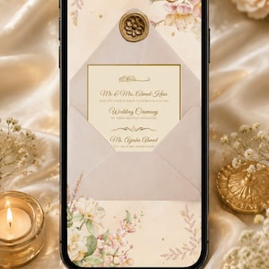 May include: A smartphone screen displaying a digital wedding invitation featuring a cream-colored envelope with a gold wax seal. The invitation text reads Mr. & Mrs. Ahmed Khan request the honour of your presence at the wedding ceremony of their beloved daughter Ms. Ayesha Ahmed. The design includes soft watercolor floral illustrations in pink and green tones.