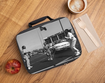 Kids Double Dutch Jump Rope Photo Lunch Bag | Black & White Retro Street Scene